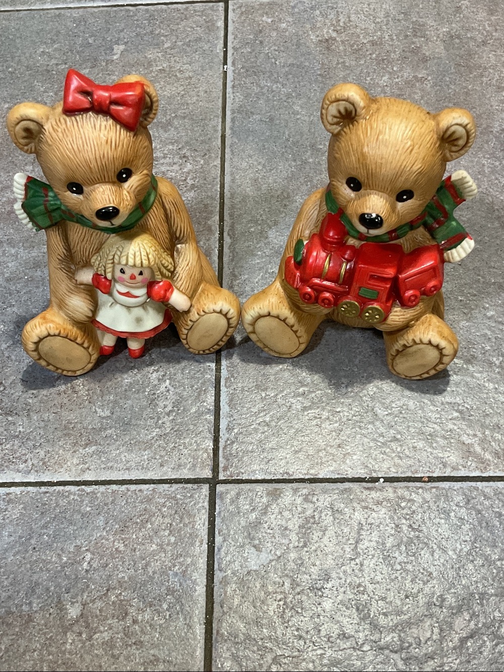 Homco Pair of Tan Christmas Bear Figurines with Red Accents